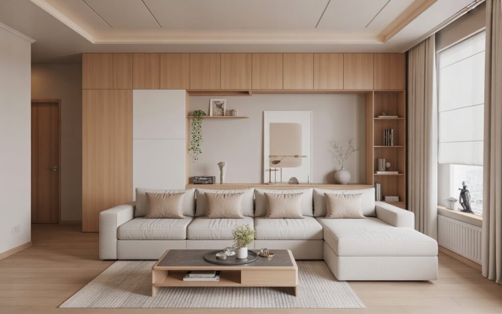 japandi living room with hidden storage
