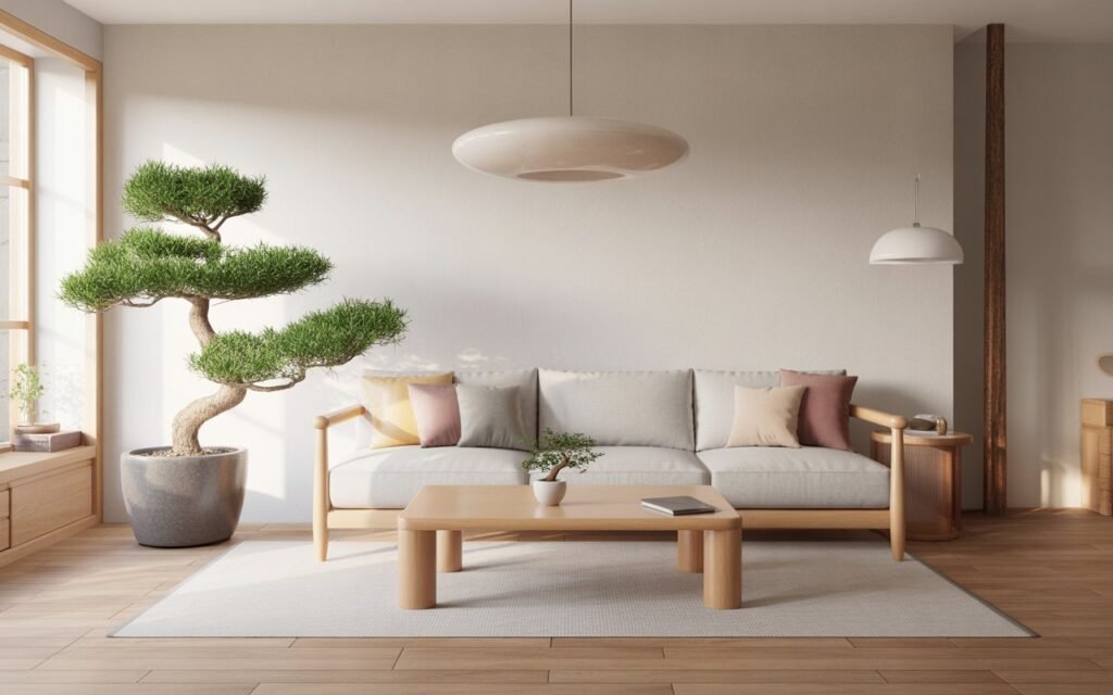 japandi living room with indoor plant decor
