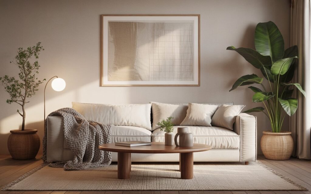 japandi living room with cozy textures
