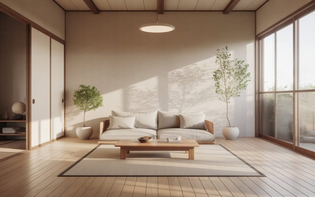 japandi living room with low profile furniture