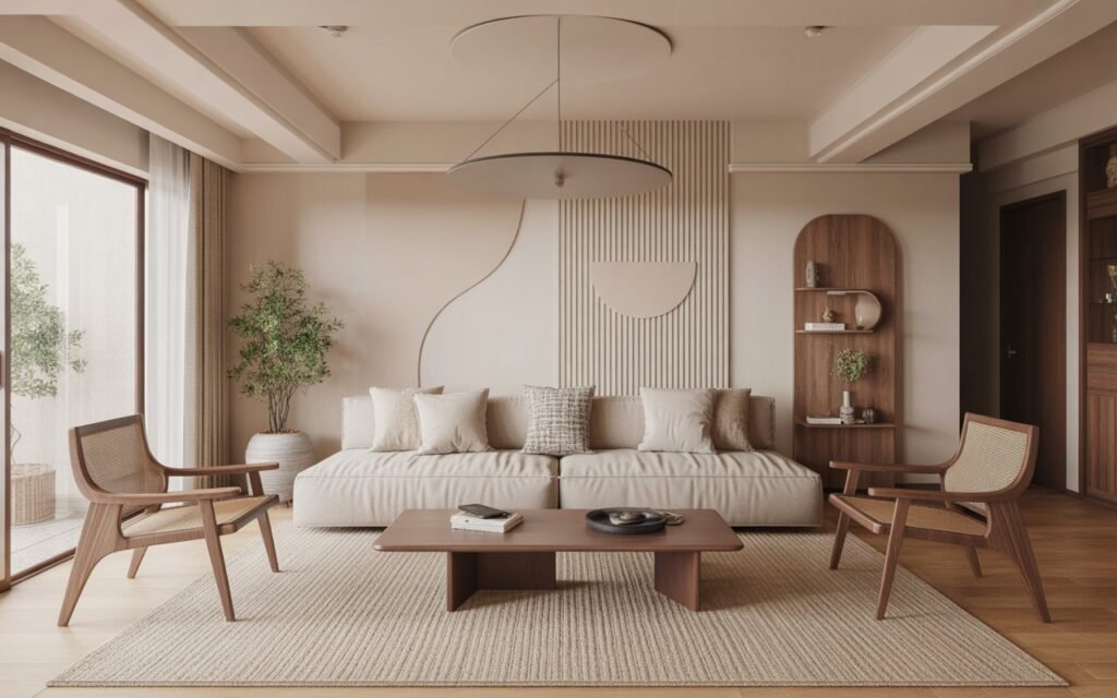 japandi living room with neutral rug