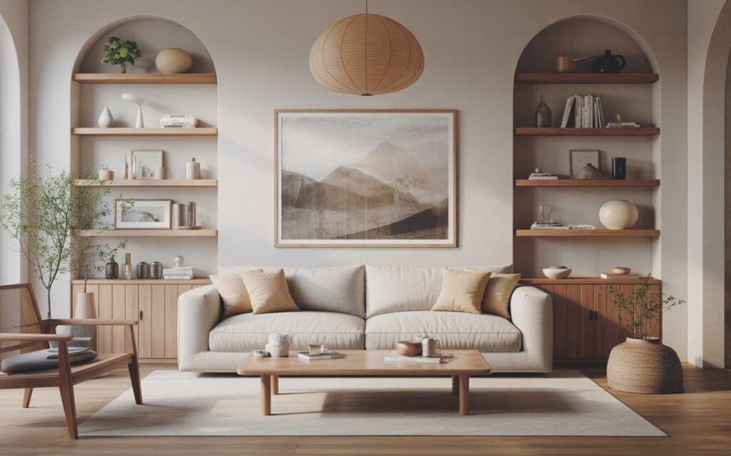 japandi living room with open shelving
