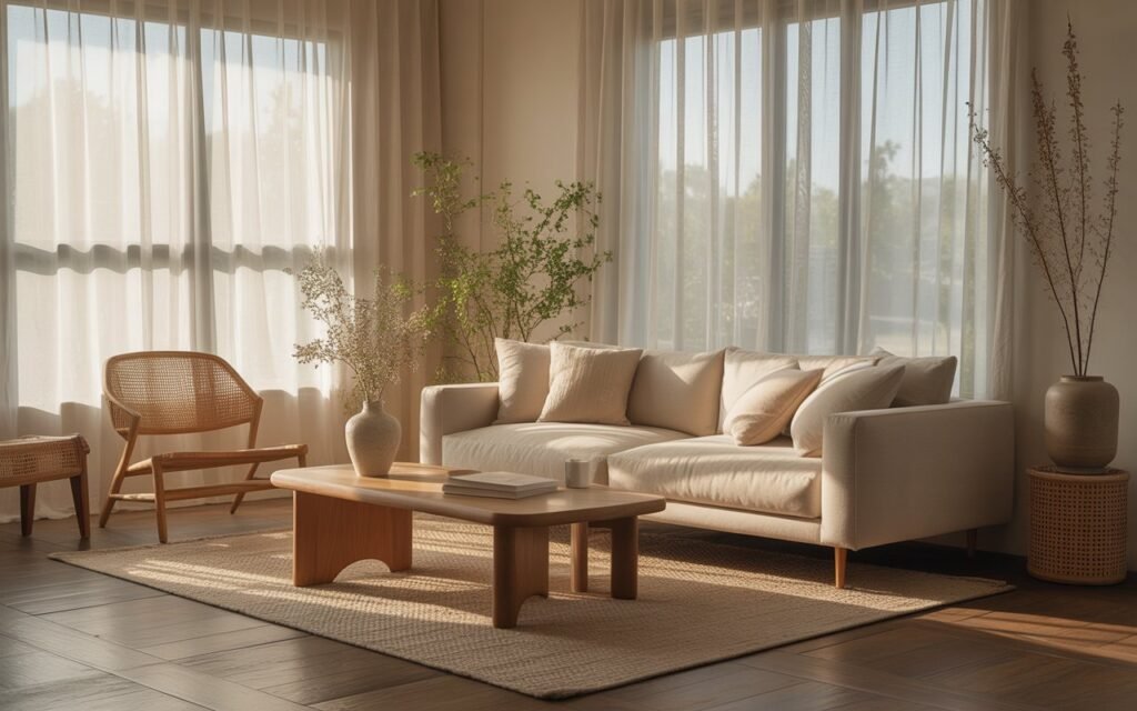 japandi living room with soft natural light