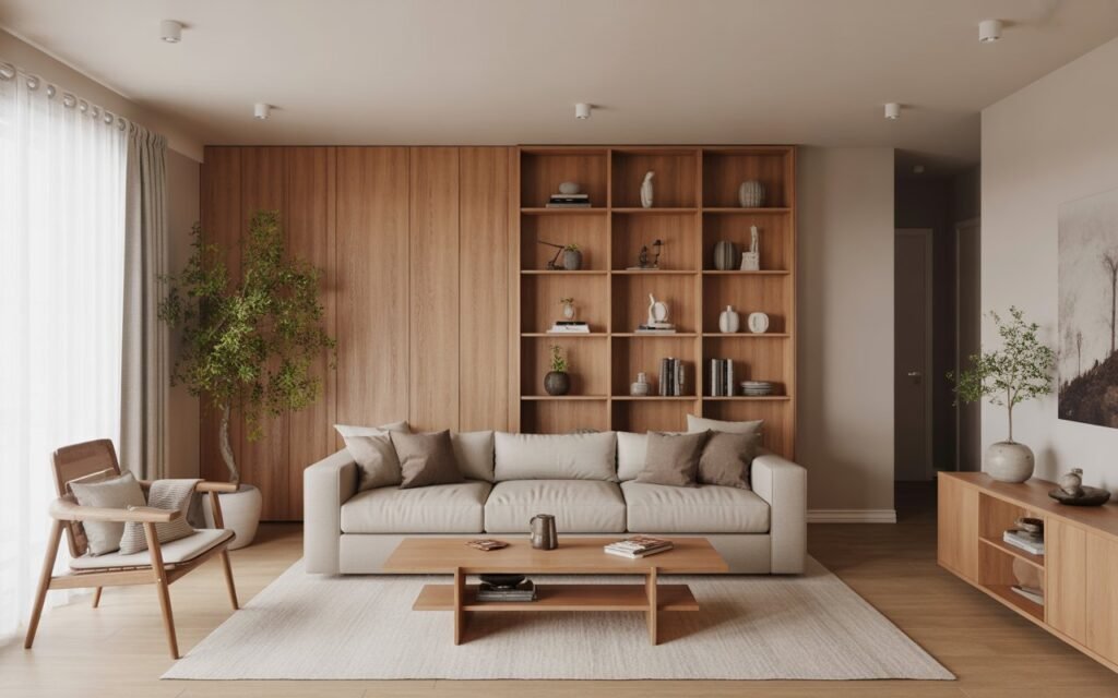 japandi living room with natural wood furniture