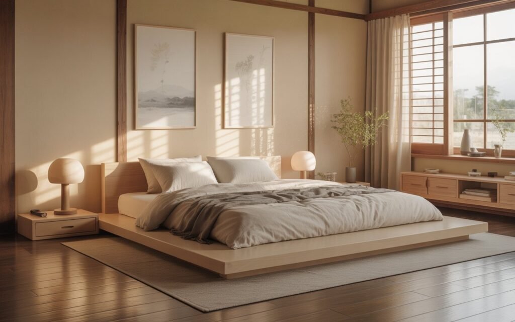 low platform bed japanese style bedroom with minimal decor