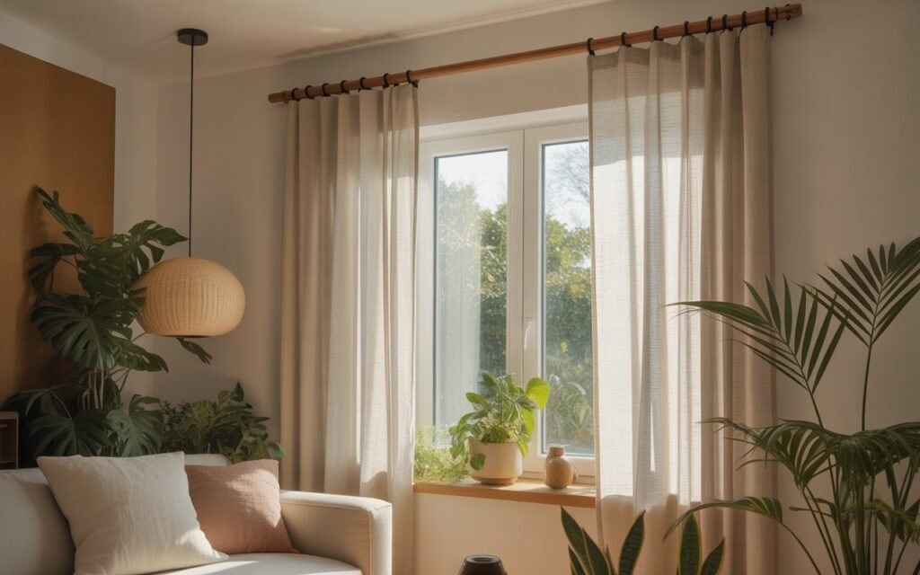 living room with wooden curtain rod and neutral curtains