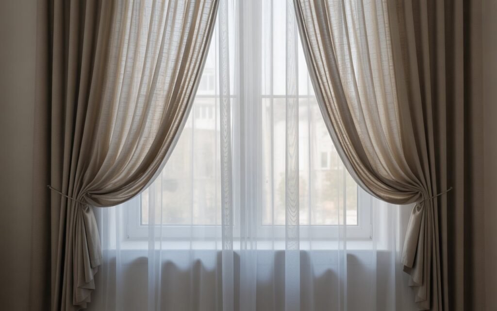 living room with layered textured curtains adding depth