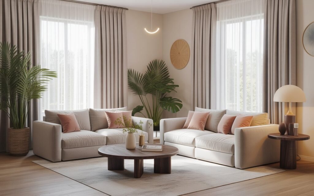 living room with curtains matching sofa color tone