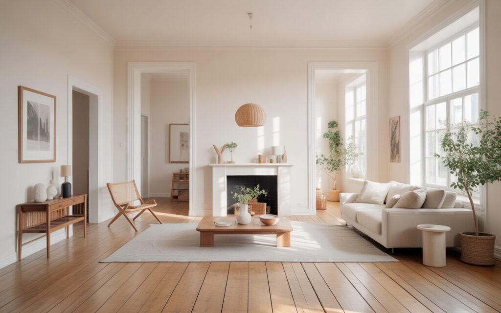 honey oak floors with soft white walls in a bright modern living room