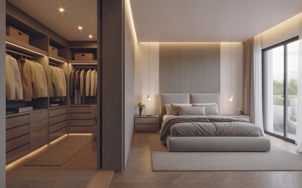 walk in closet connected to luxury bedroom