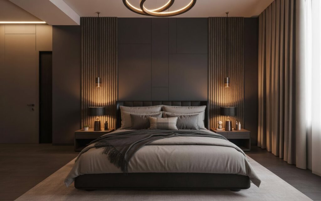 dark contrast feature wall in luxury bedroom