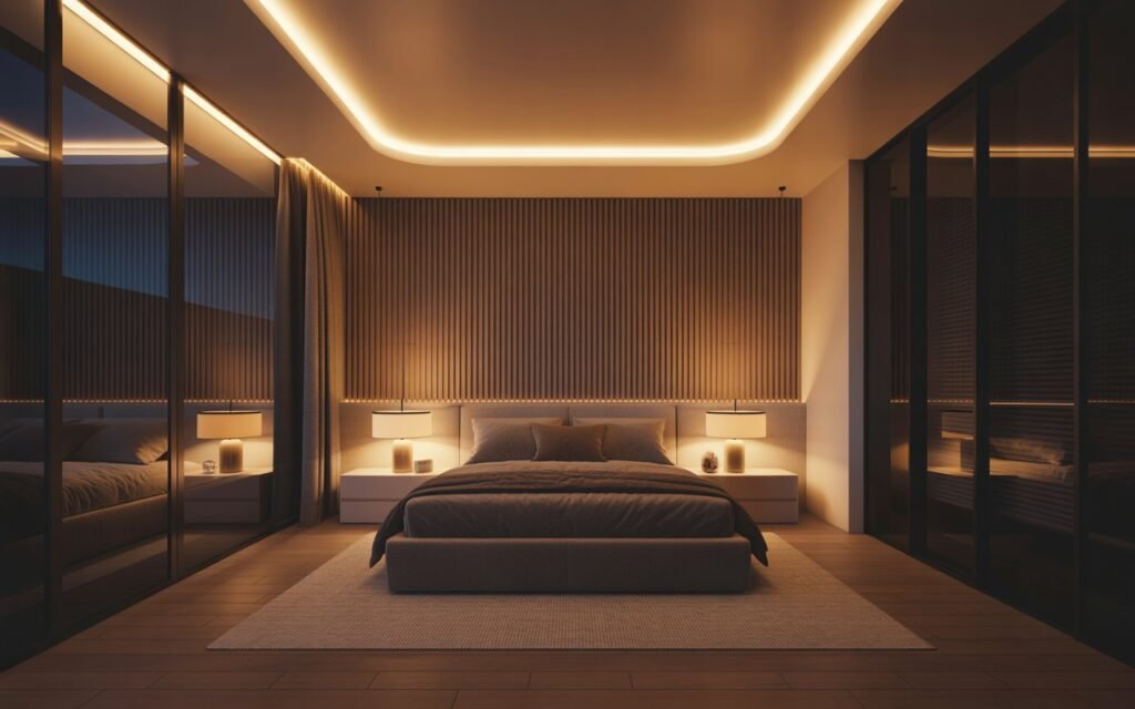 layered lighting zones in luxury bedroom