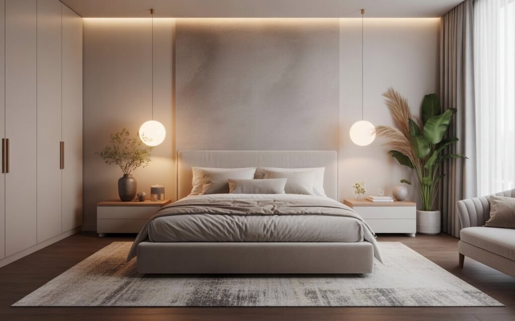 oversized area rug placement in luxury bedroom