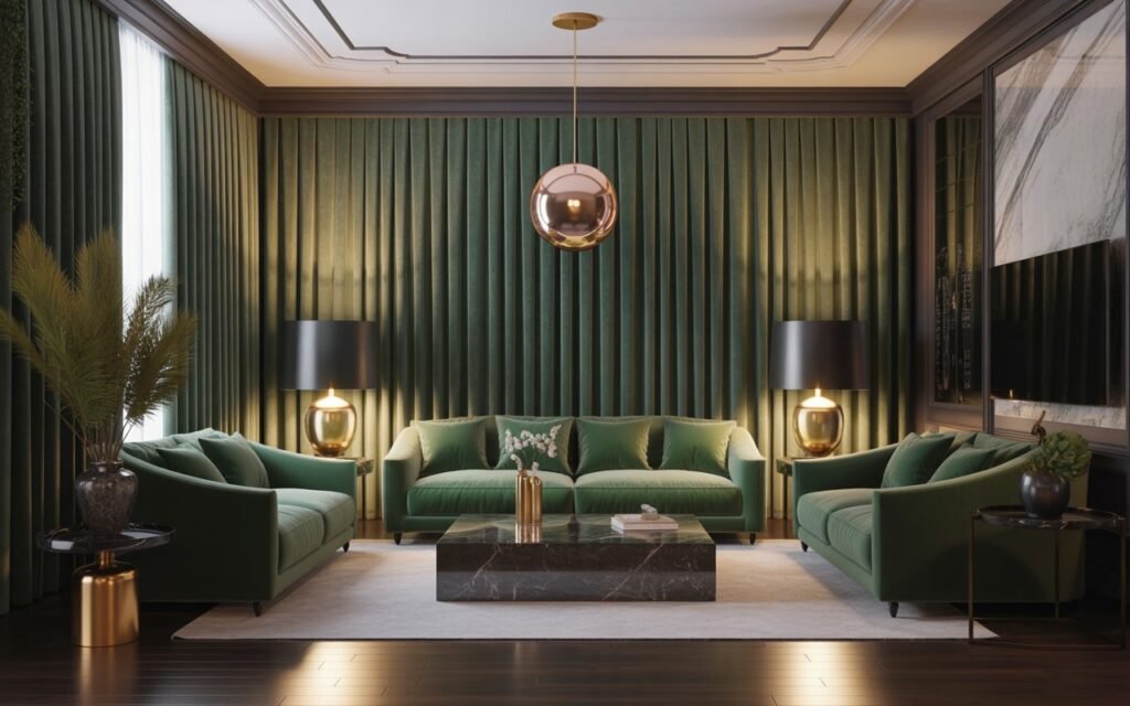 luxury living room with emerald velvet curtains and warm lighting