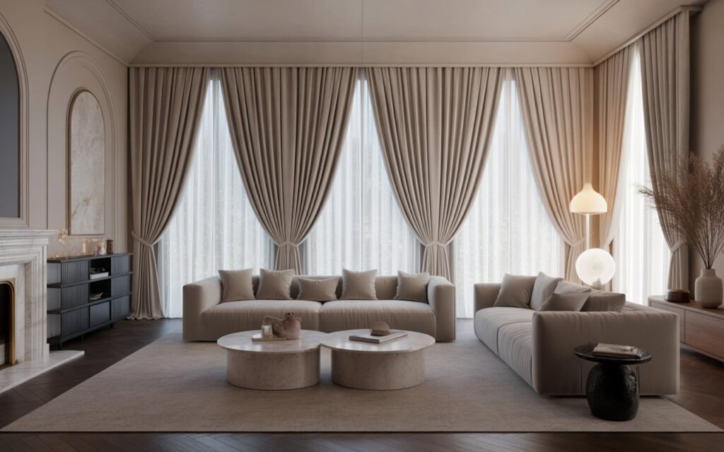 living room with wide curtain panels creating full luxurious look