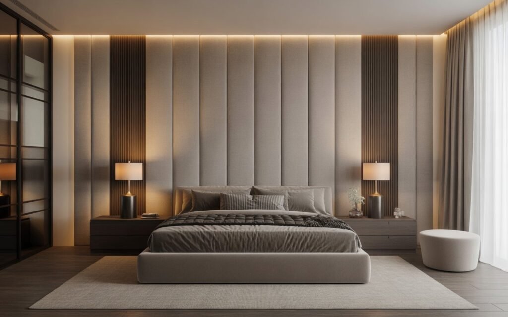 full height upholstered wall in luxury master bedroom