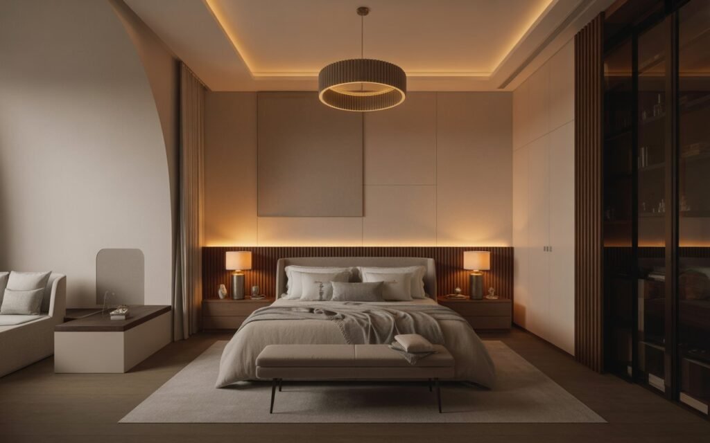 warm ambient lighting in luxury master bedroom