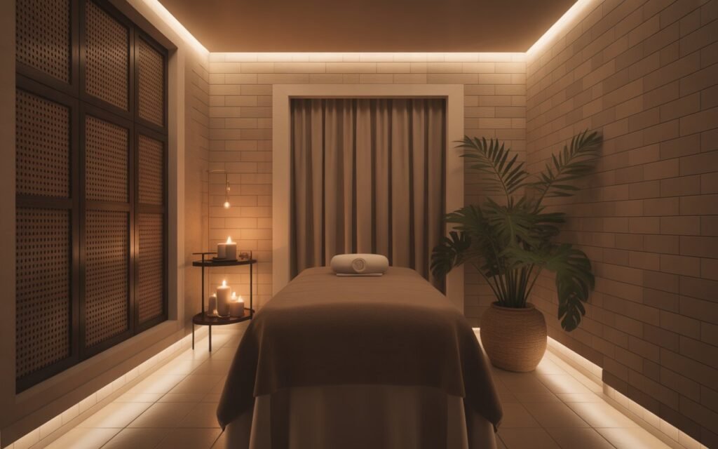 warm lighting setup in massage room