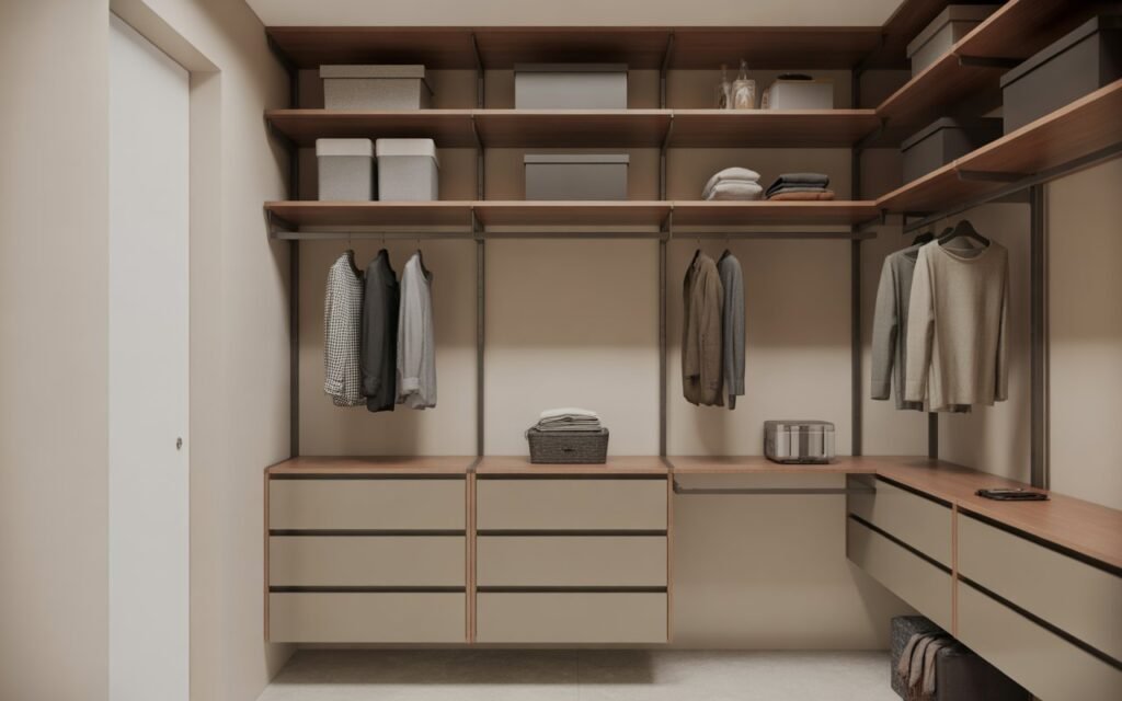 closet with floating shelves in a minimalist design