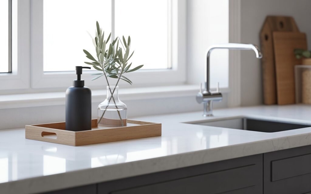 minimalist kitchen counter aesthetic with white quartz and simple decor
