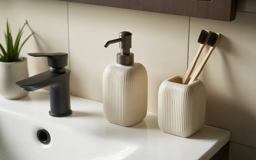 bathroom with matching modern accessories set