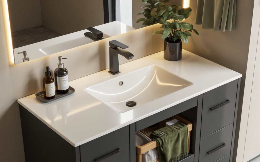 bathroom vanity with quartz countertop and modern faucet