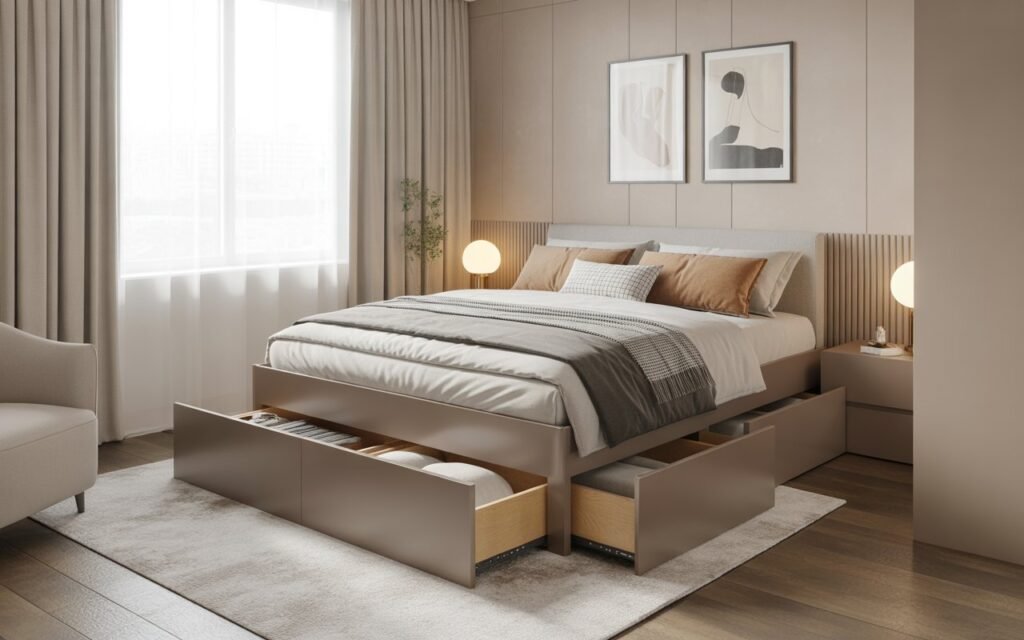 bed with built in storage drawers for small apartment