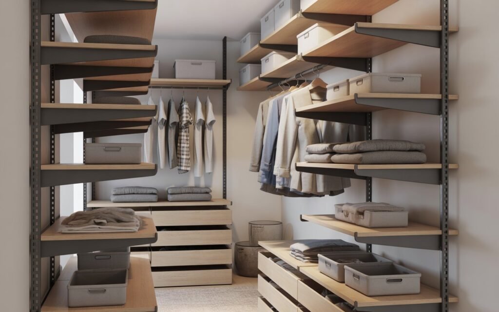 adjustable closet shelving system with flexible storage layout
