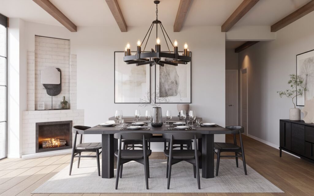 black metal chandelier in modern dining room