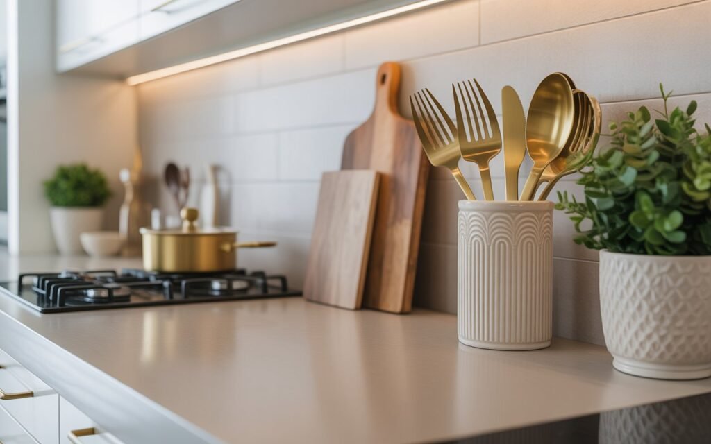 modern kitchen counter with elegant ceramic utensil holder,