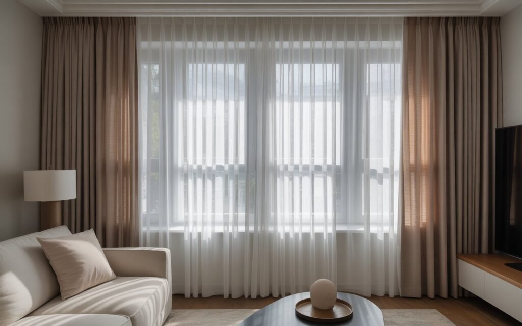 layered curtain system in modern living room with soft lighting