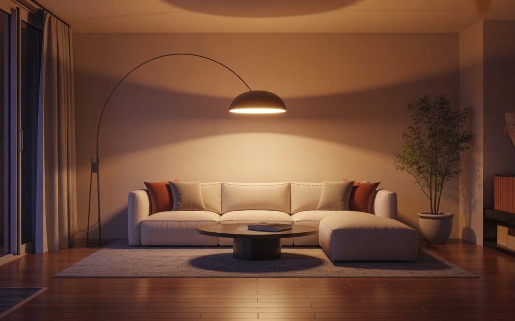 arc floor lamp extending over sofa
