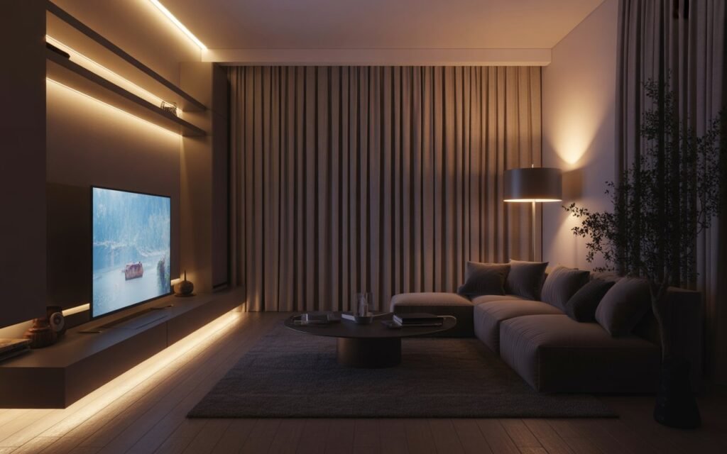 living room with blackout curtains for light control