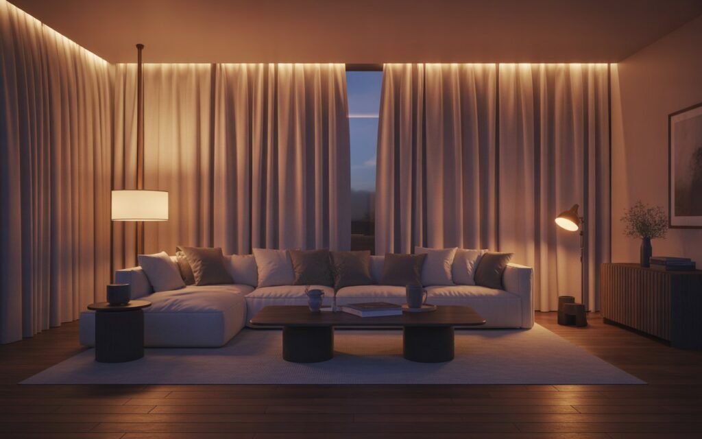 living room with curtains enhanced by warm lighting