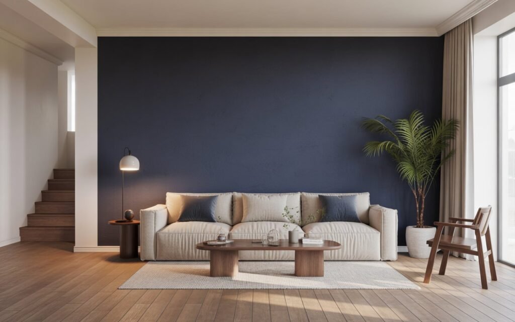 navy blue accent wall living room with neutral furniture