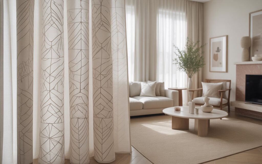 living room with subtle patterned curtains in neutral tones