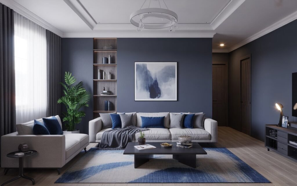 navy and gray living room design