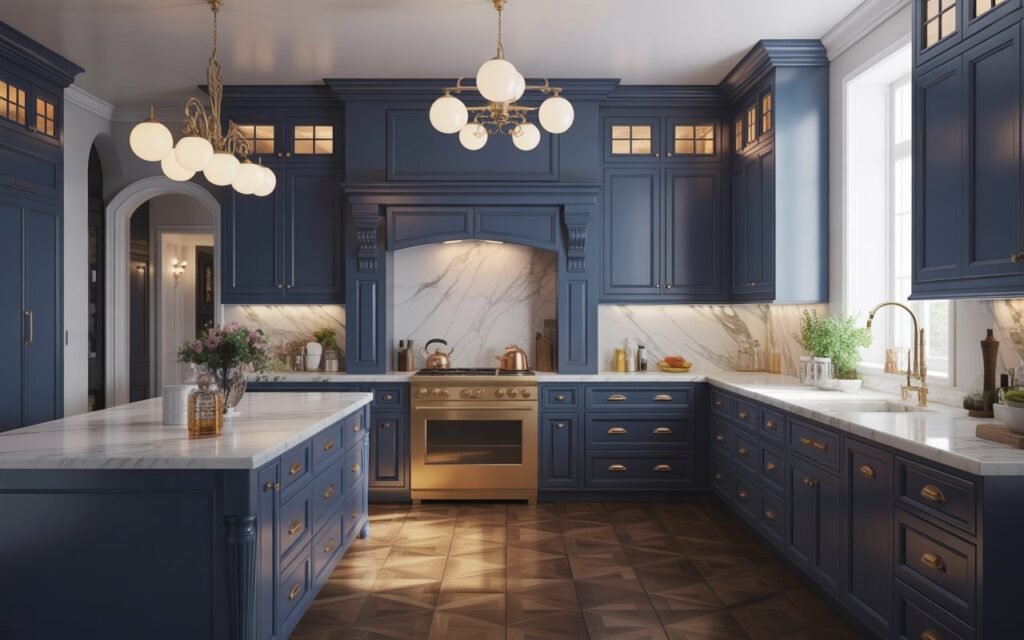 navy blue kitchen cabinets with brass hardware and marble countertops