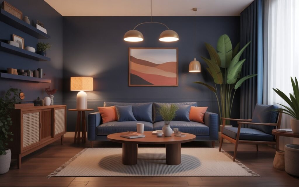 navy living room with wood elements