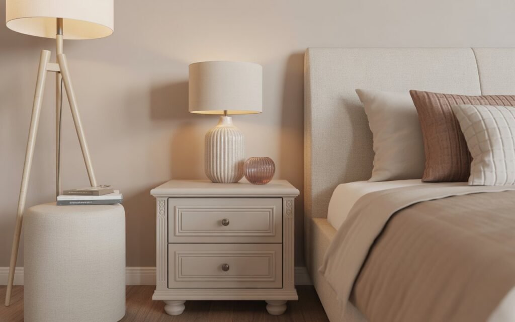 neutral color coordinated nightstand decor