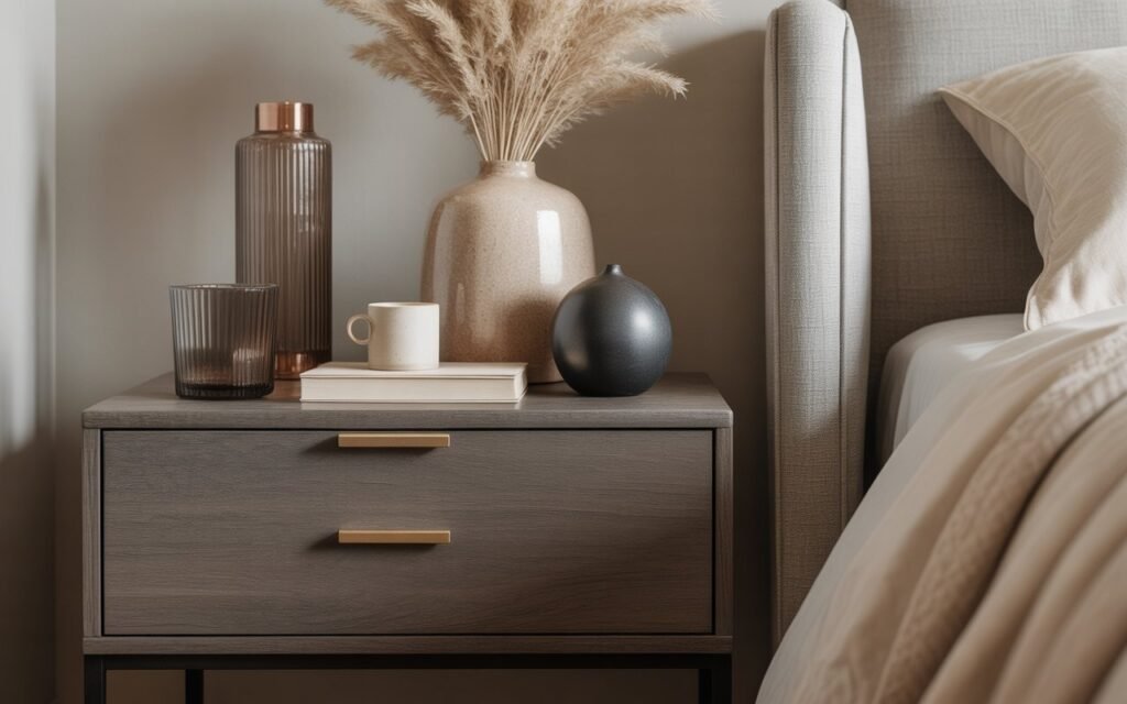 mixed material styling on bedside table