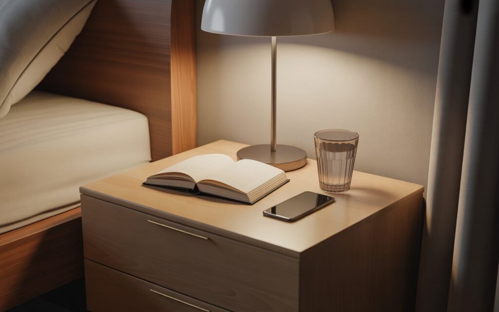 everyday essentials placed on bedside table