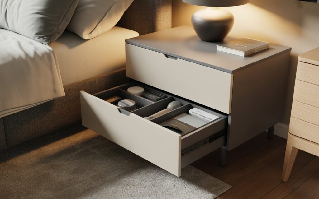 hidden storage inside nightstand drawer