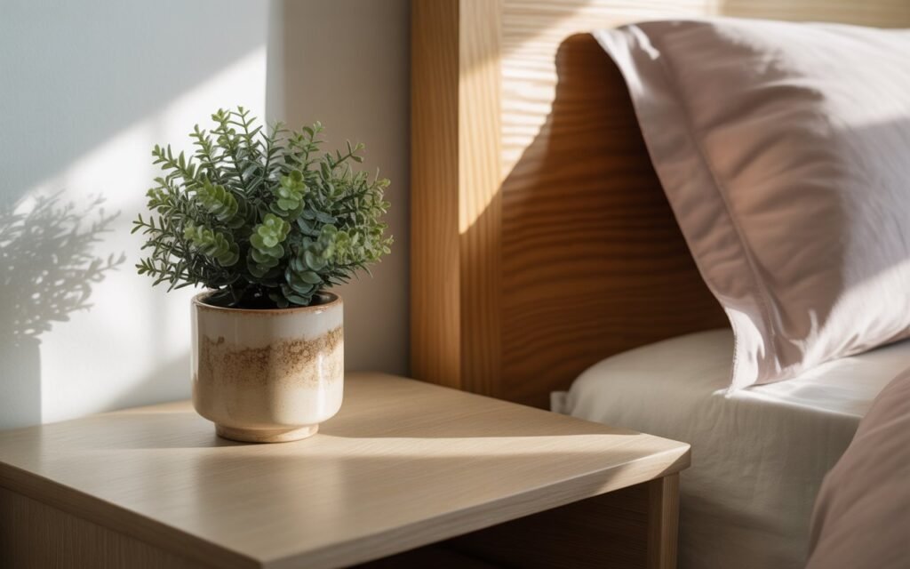 small plant adding freshness to nightstand