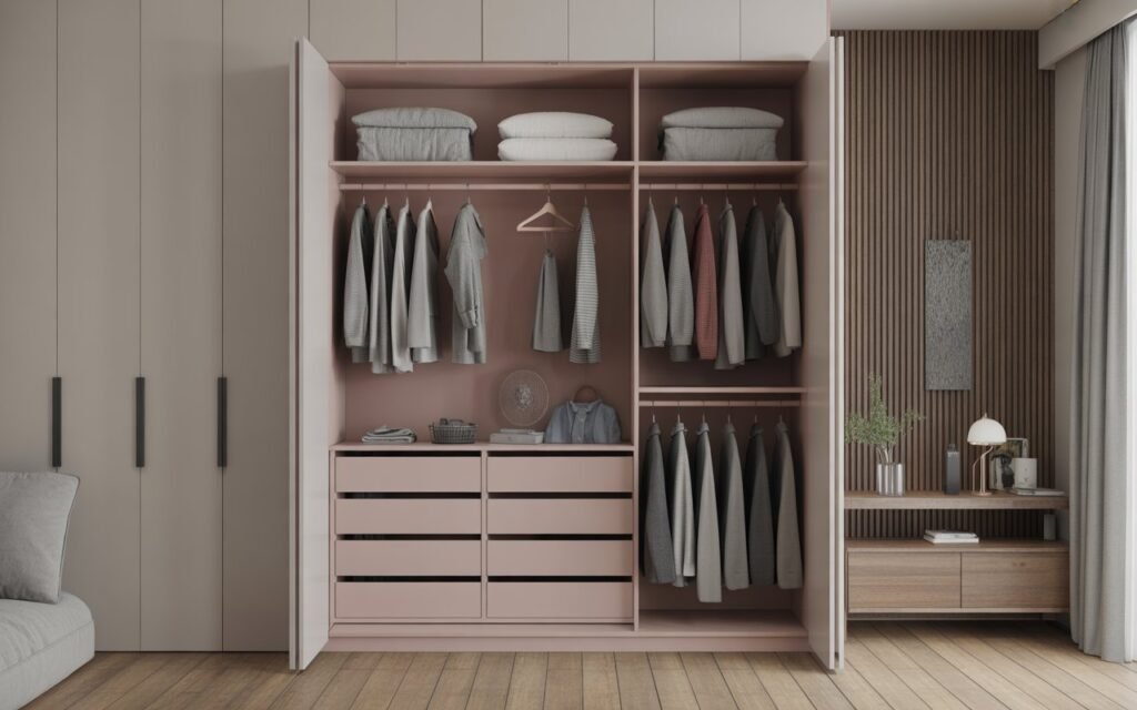open wardrobe design with organized sections