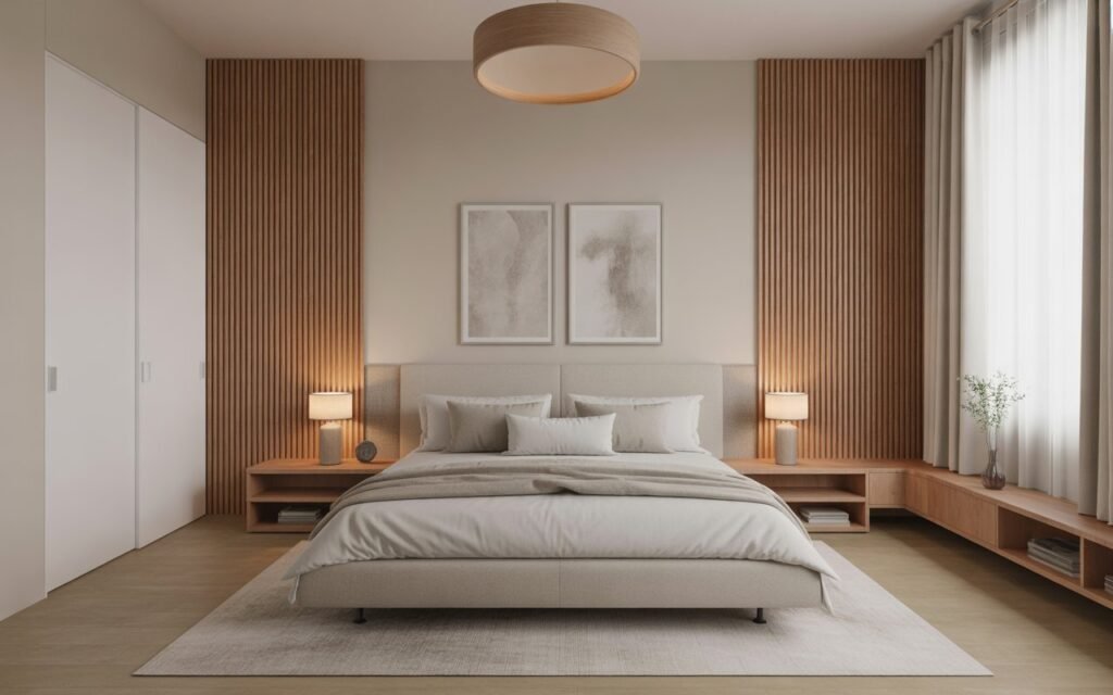 balanced japandi bedroom layout with open space