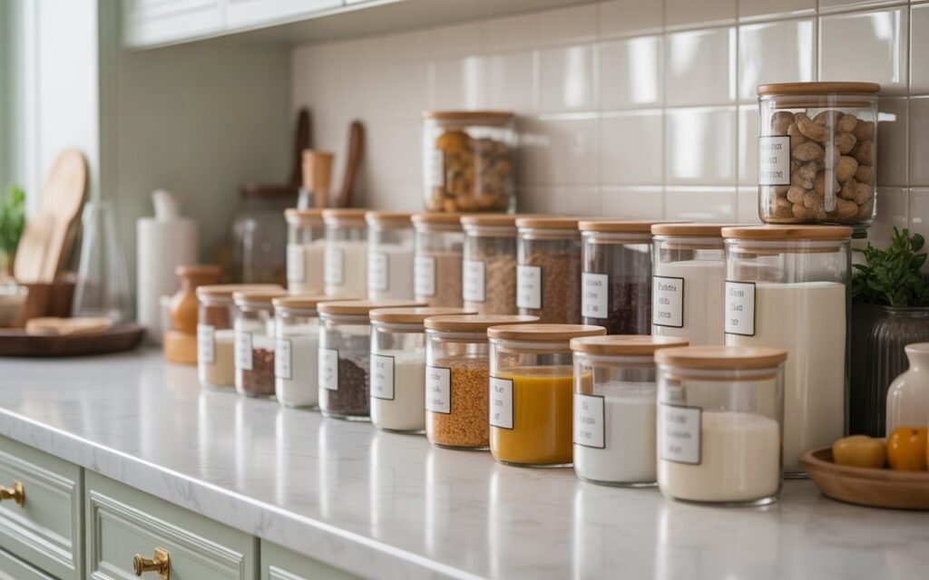 organized kitchen counter aesthetic with matching containers