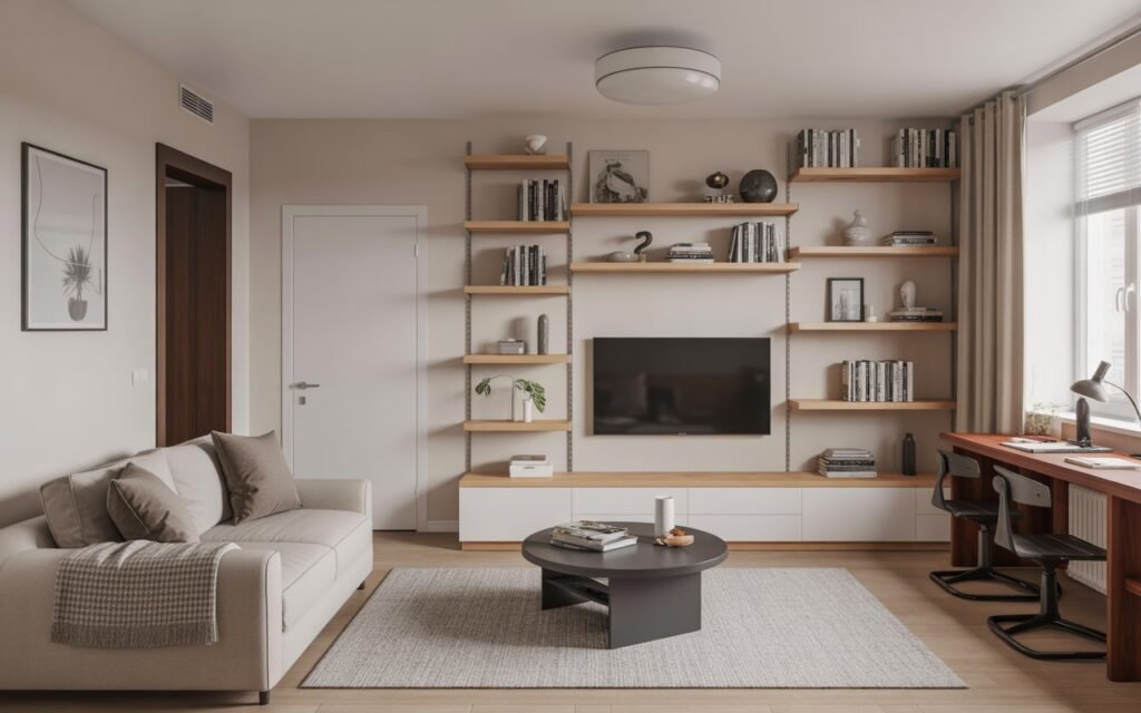 vertical wall shelves storage idea for small apartment