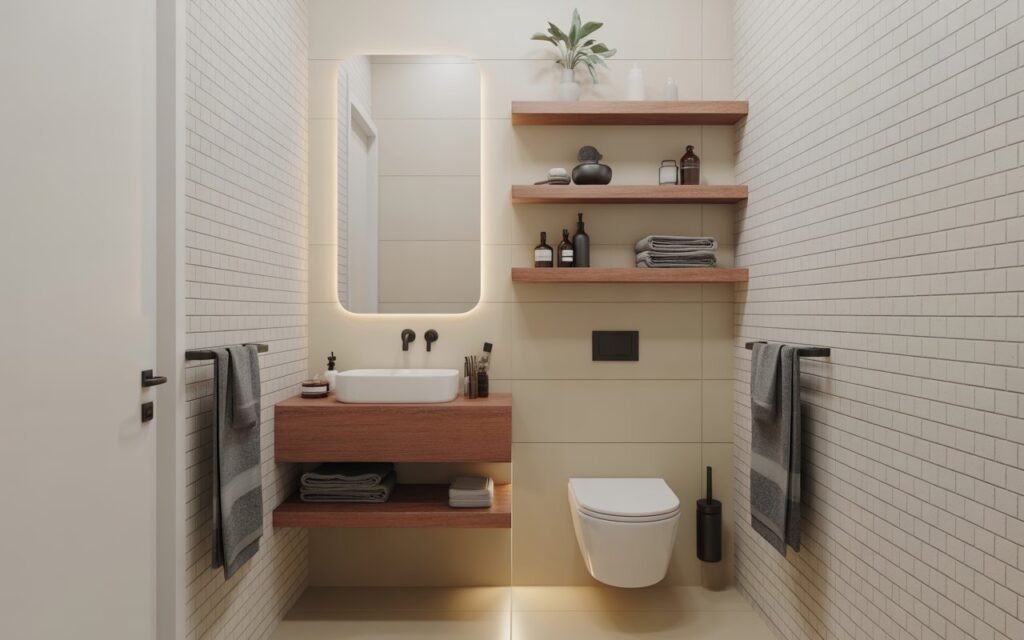 bathroom floating shelves storage idea for small apartment