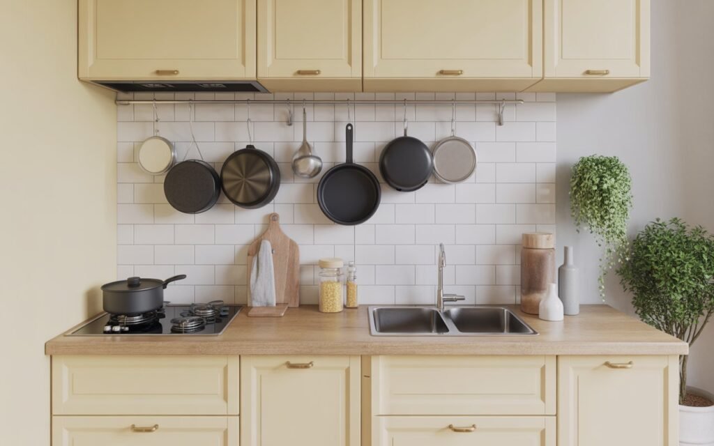 hanging pots storage idea for small kitchen apartment